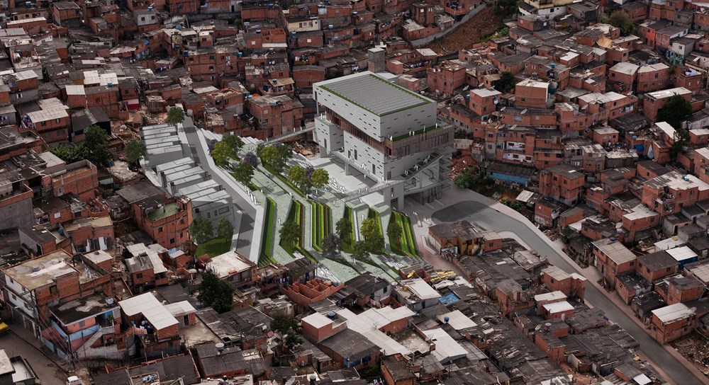 The LafargeHolcim Foundation supports sustainable construction through a global competition for urban designs, such as this 2012 award‑winning plan for the urban remediation and civic infrastructure hub in a high‑risk zone of Sao Paulo, Brazil.