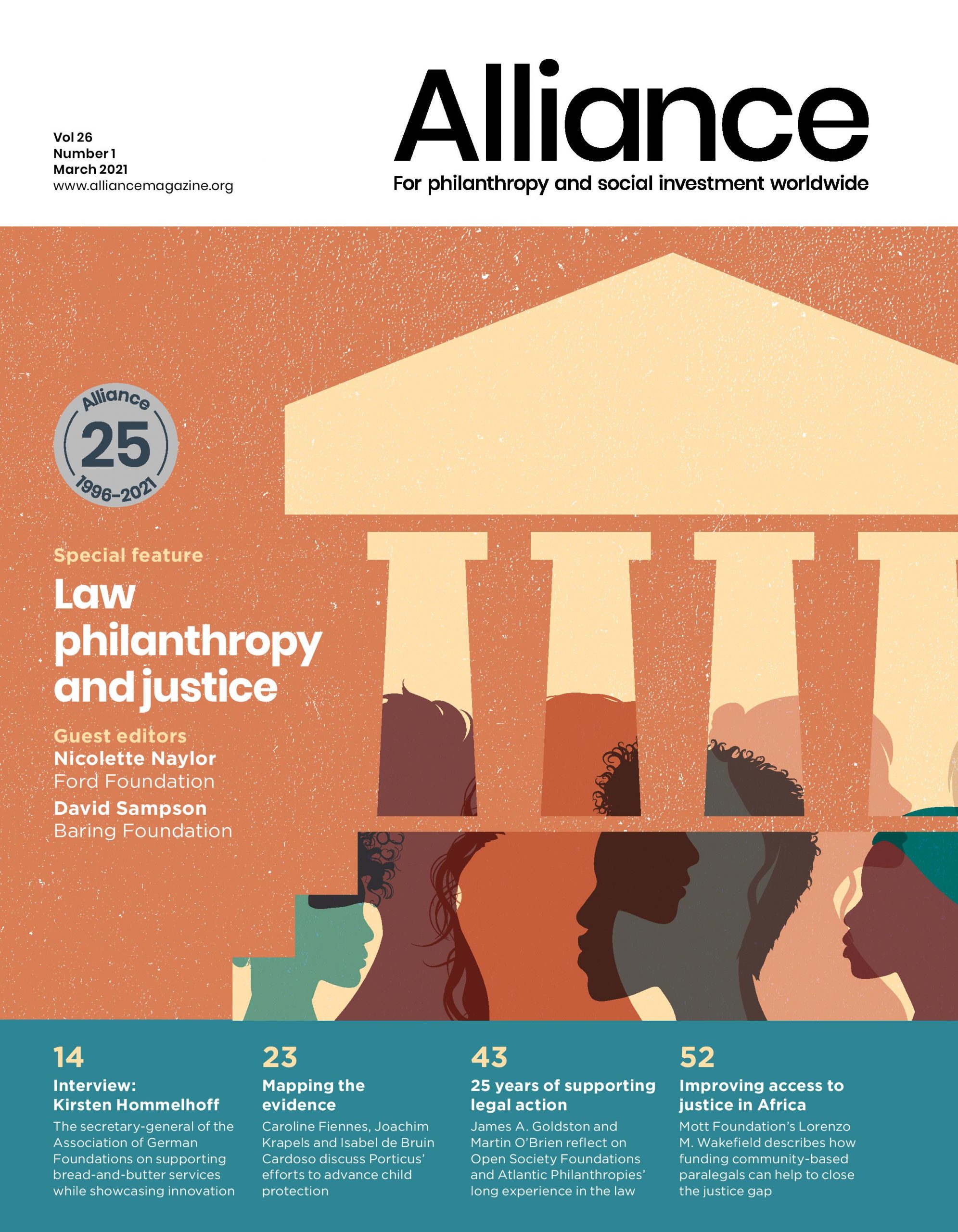 Cover for Alliance magazine's March 2021 issue on law and philanthropy.