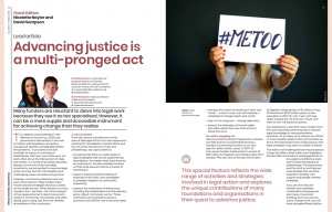 Spread from the March 2021 issue on law and philanthropy lead article titled: 'Advancing justice is a multi-pronged act'.