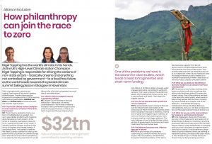 Double page spread of an article in Alliance magazine entitled 'How philanthropy can join the race to zero'